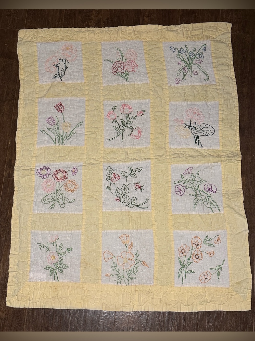 Vintage Child Baby Quilt Embroidered Flower Squares Hand Quilted